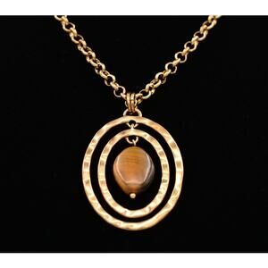 Etienne Aigner Pendant Necklace Antiqued Gold Tiger's Eye Chain Signed Bin1